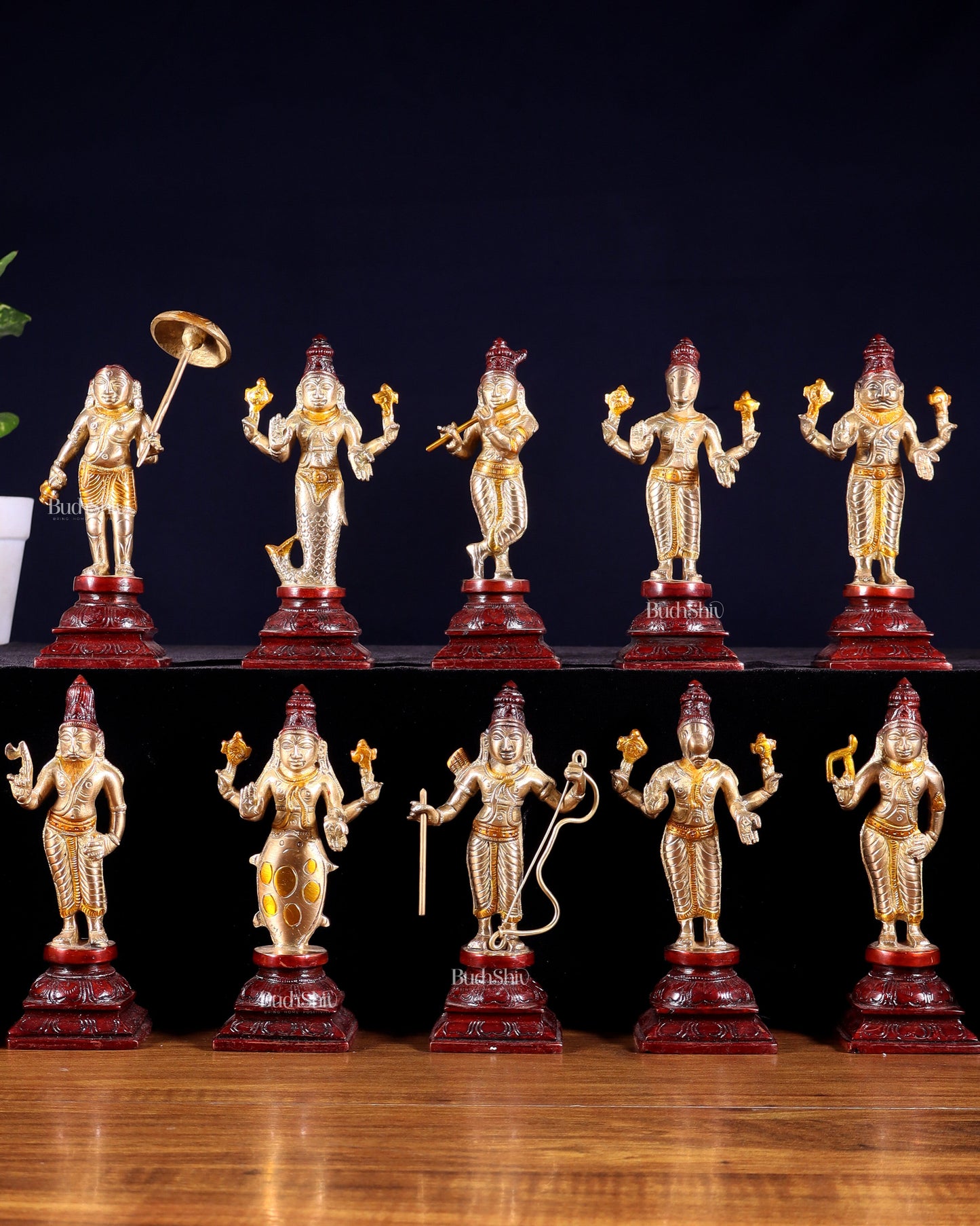 Pure Brass Vishnu Dashavatar Idol Set – Traditional, 6" three tone