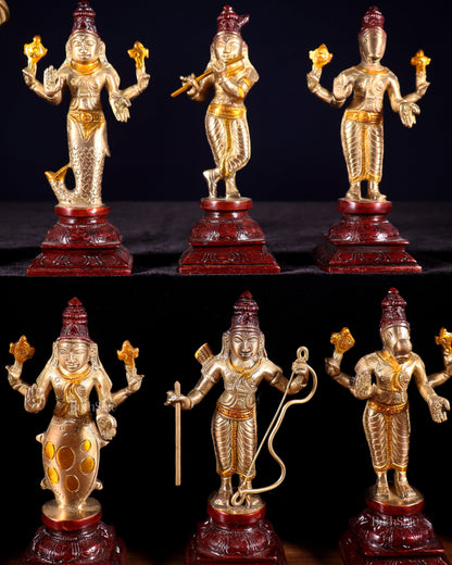 Pure Brass Vishnu Dashavatar Idol Set – Traditional, 6" three tone