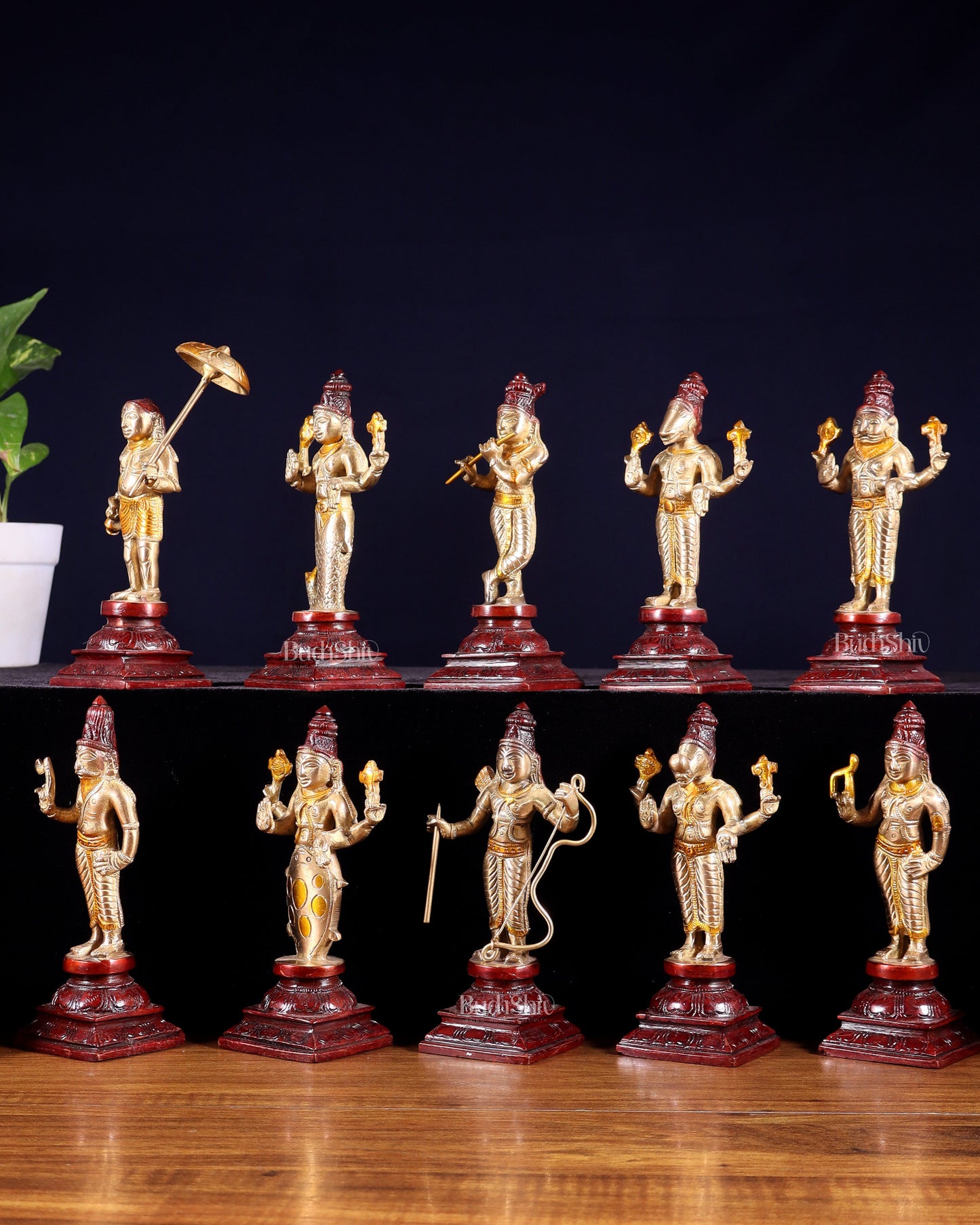 Pure Brass Vishnu Dashavatar Idol Set – Traditional, 6" three tone