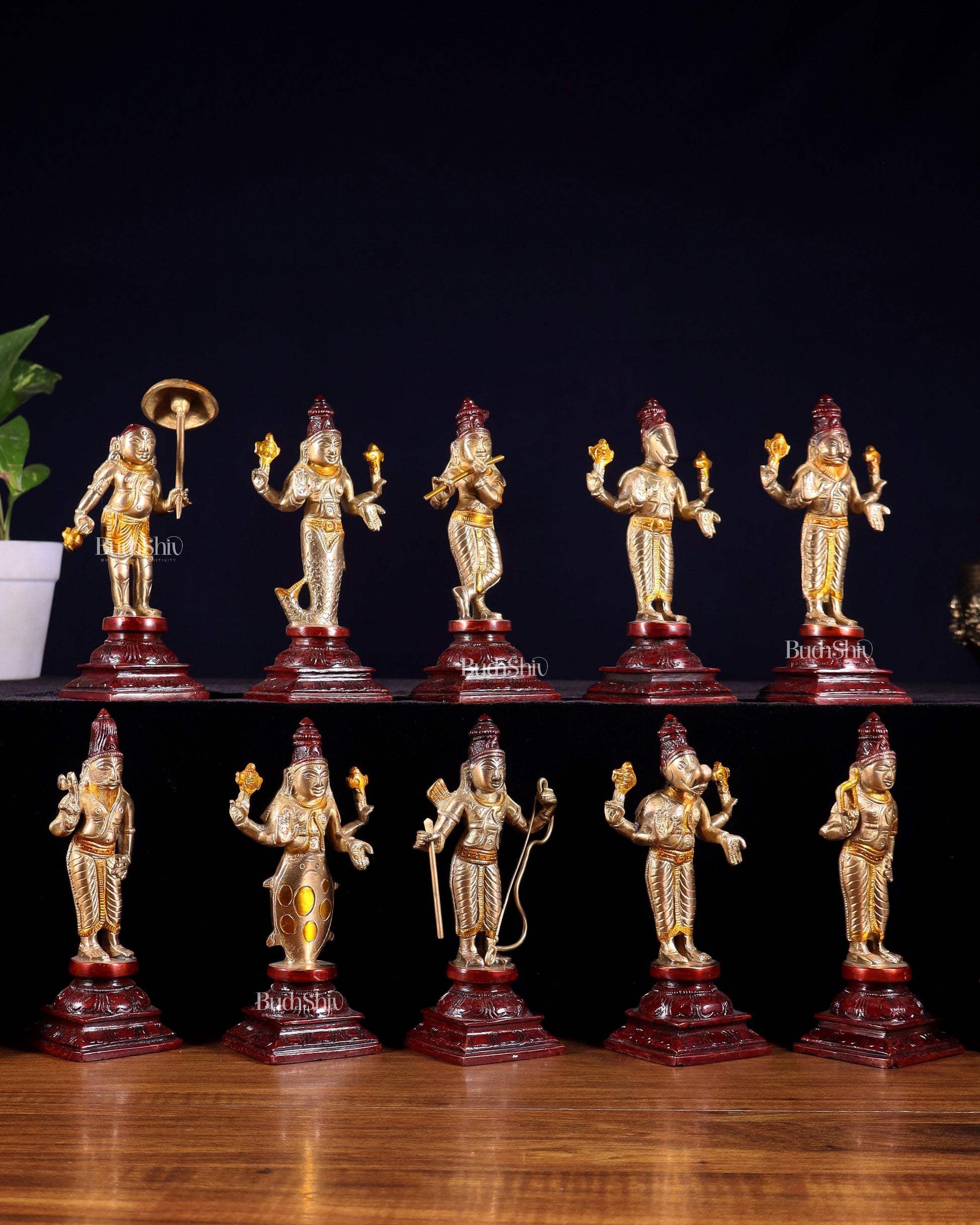 Pure Brass Vishnu Dashavatar Idol Set – Traditional, 6" three tone