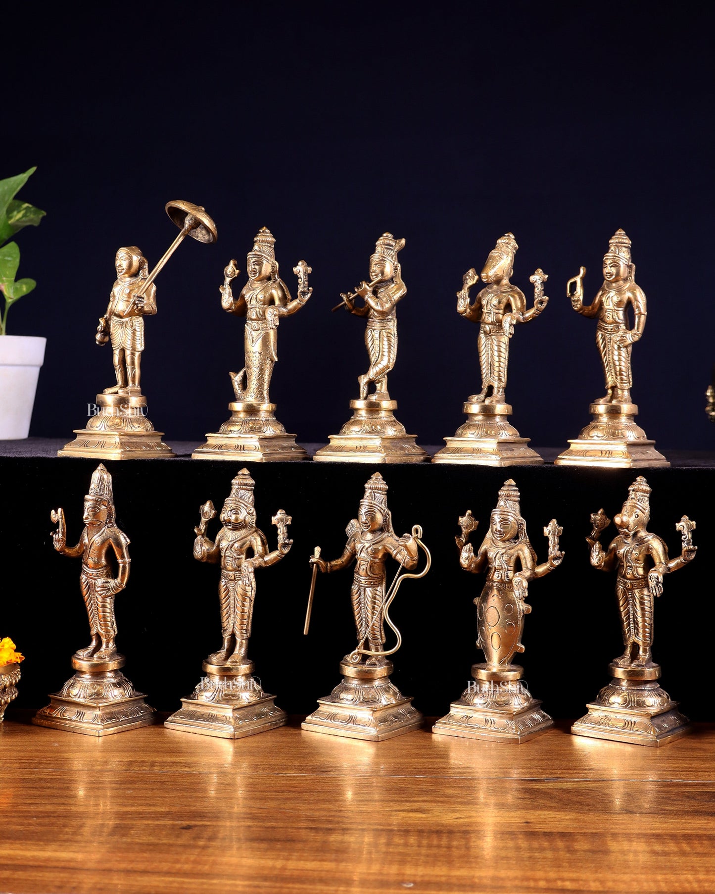 Pure Brass Vishnu Dashavatar Idol Set – Traditional, 6" Matte tone