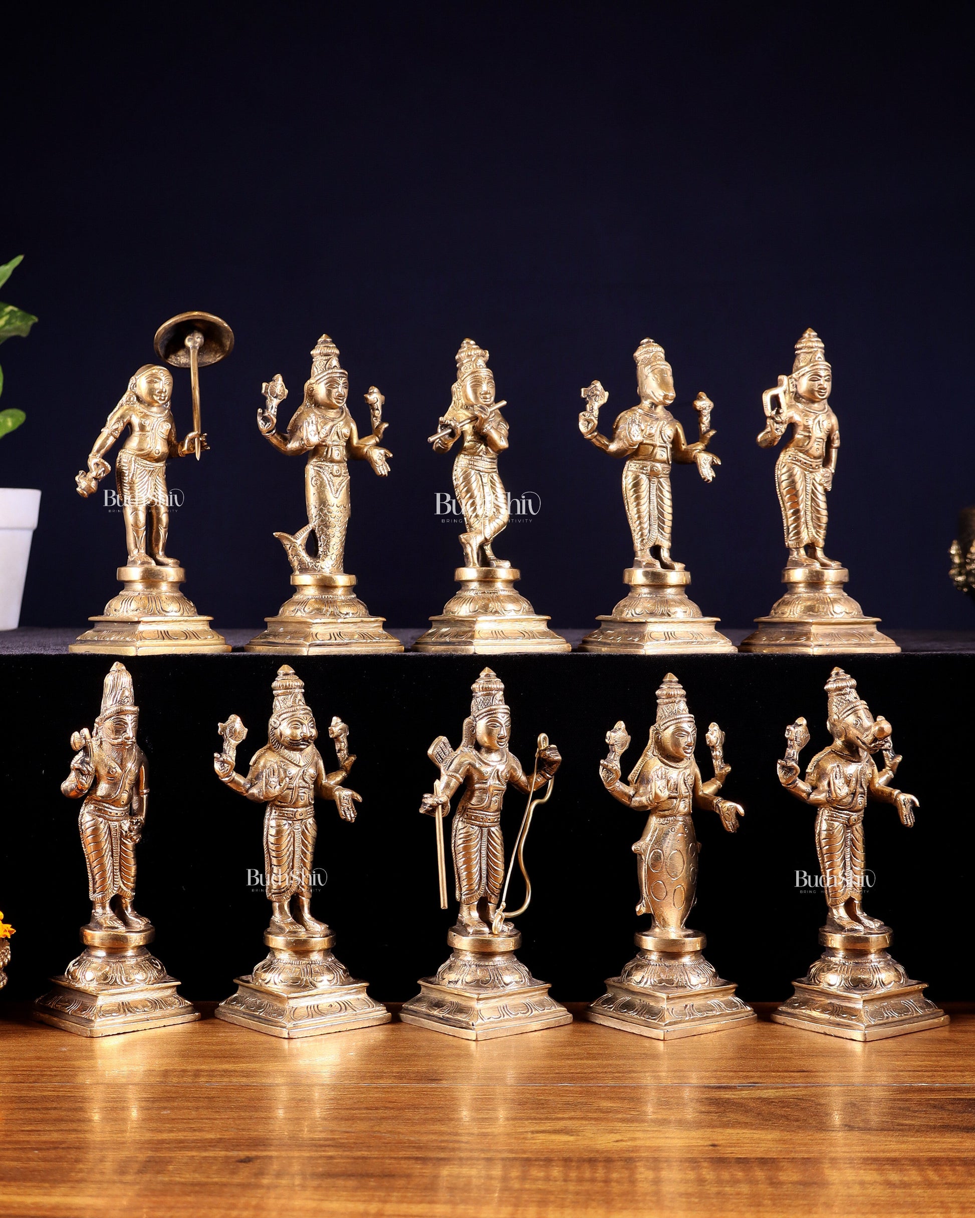 Pure Brass Vishnu Dashavatar Idol Set – Traditional, 6" Matte tone