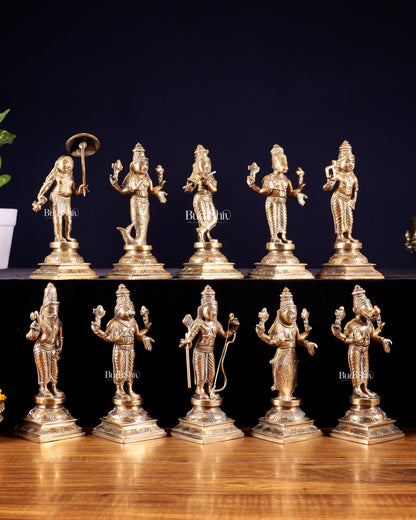 Pure Brass Vishnu Dashavatar Idol Set – Traditional, 6" Matte tone