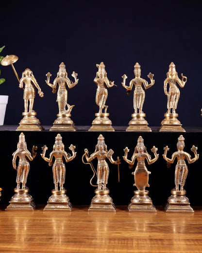 Pure Brass Vishnu Dashavatar Idol Set – Traditional, 6" Matte tone