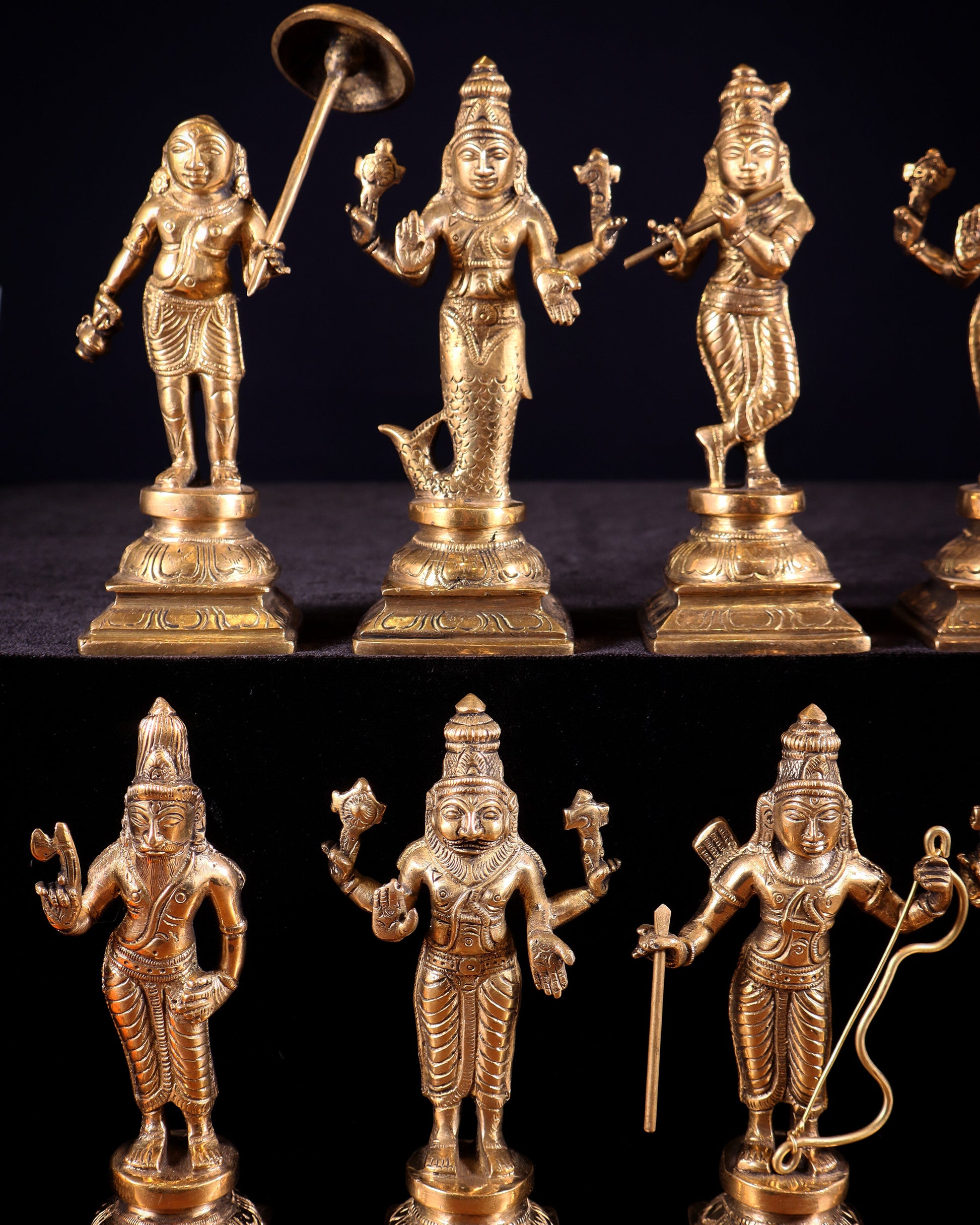 Pure Brass Vishnu Dashavatar Idol Set – Traditional, 6" Matte tone