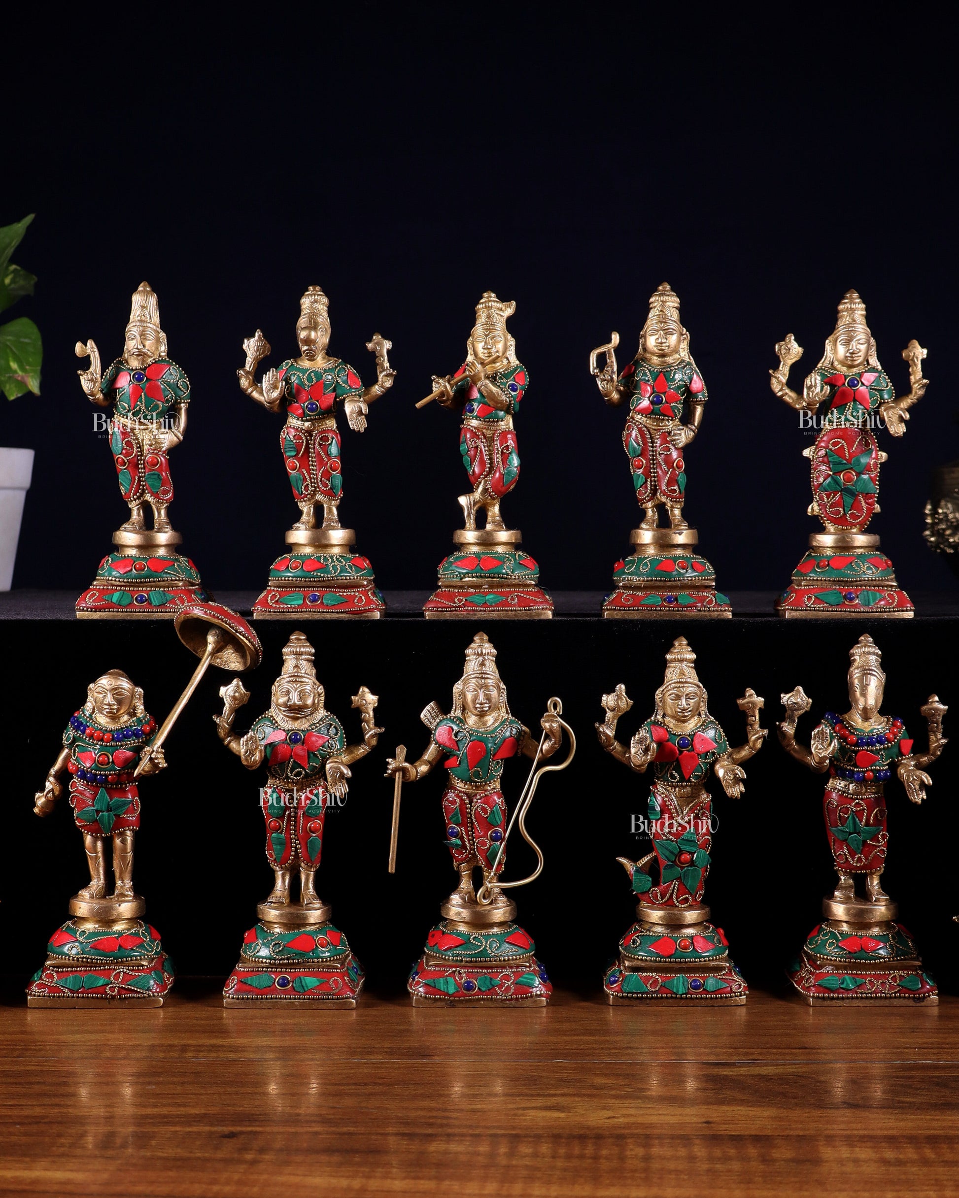 Pure Brass Vishnu Dashavatar Idol Set – Traditional, 6" stonework