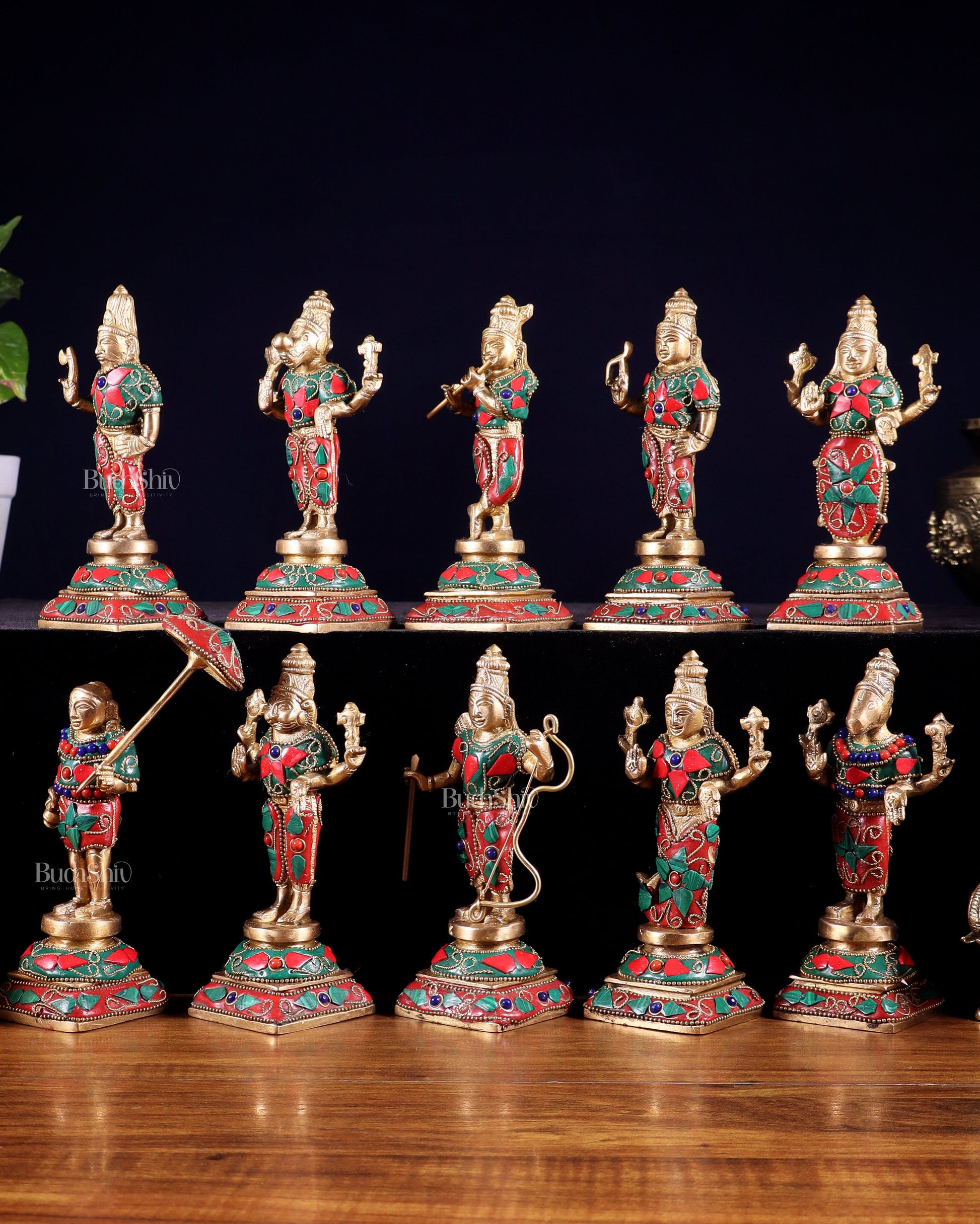 Pure Brass Vishnu Dashavatar Idol Set – Traditional, 6" stonework