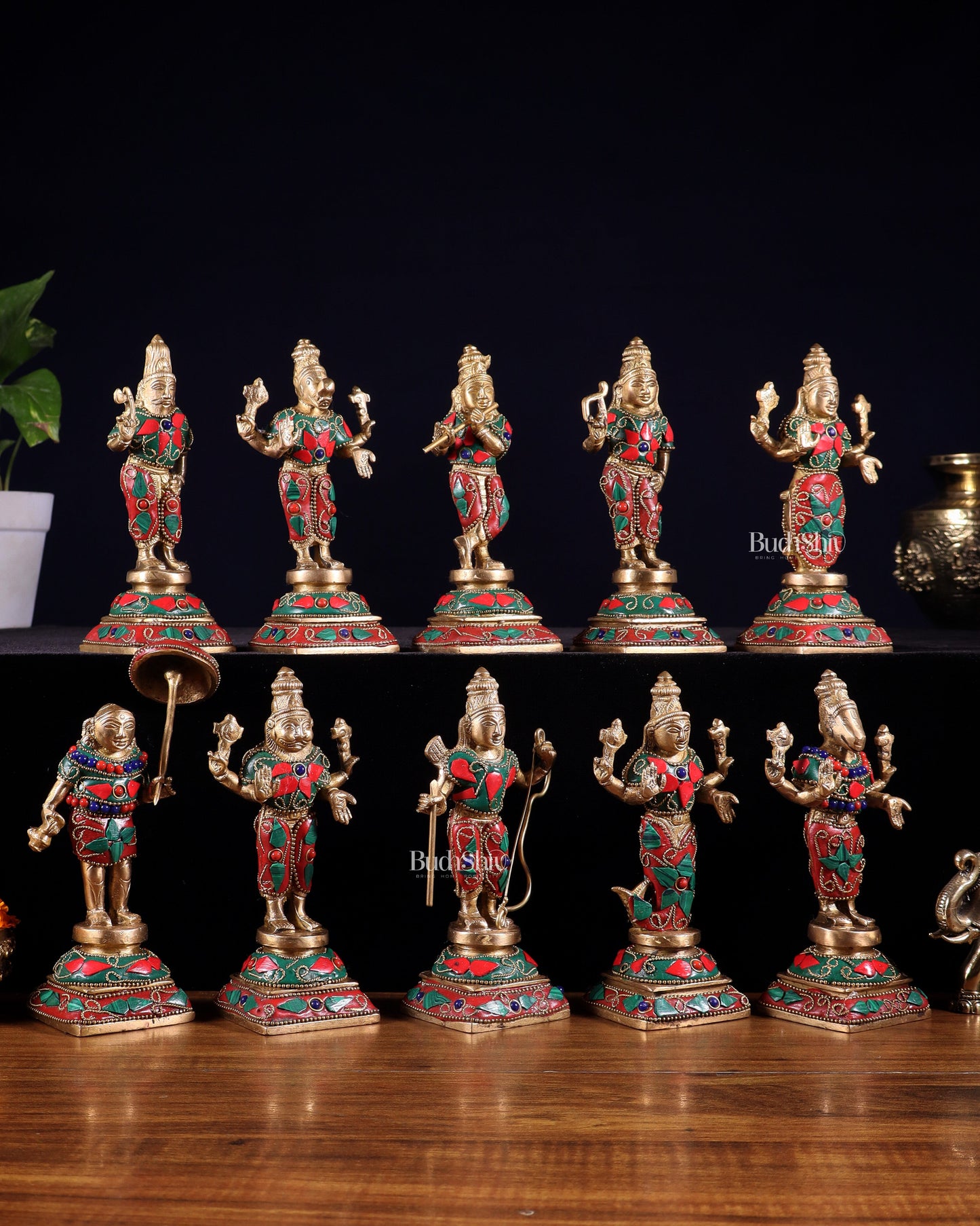 Pure Brass Vishnu Dashavatar Idol Set – Traditional, 6" stonework