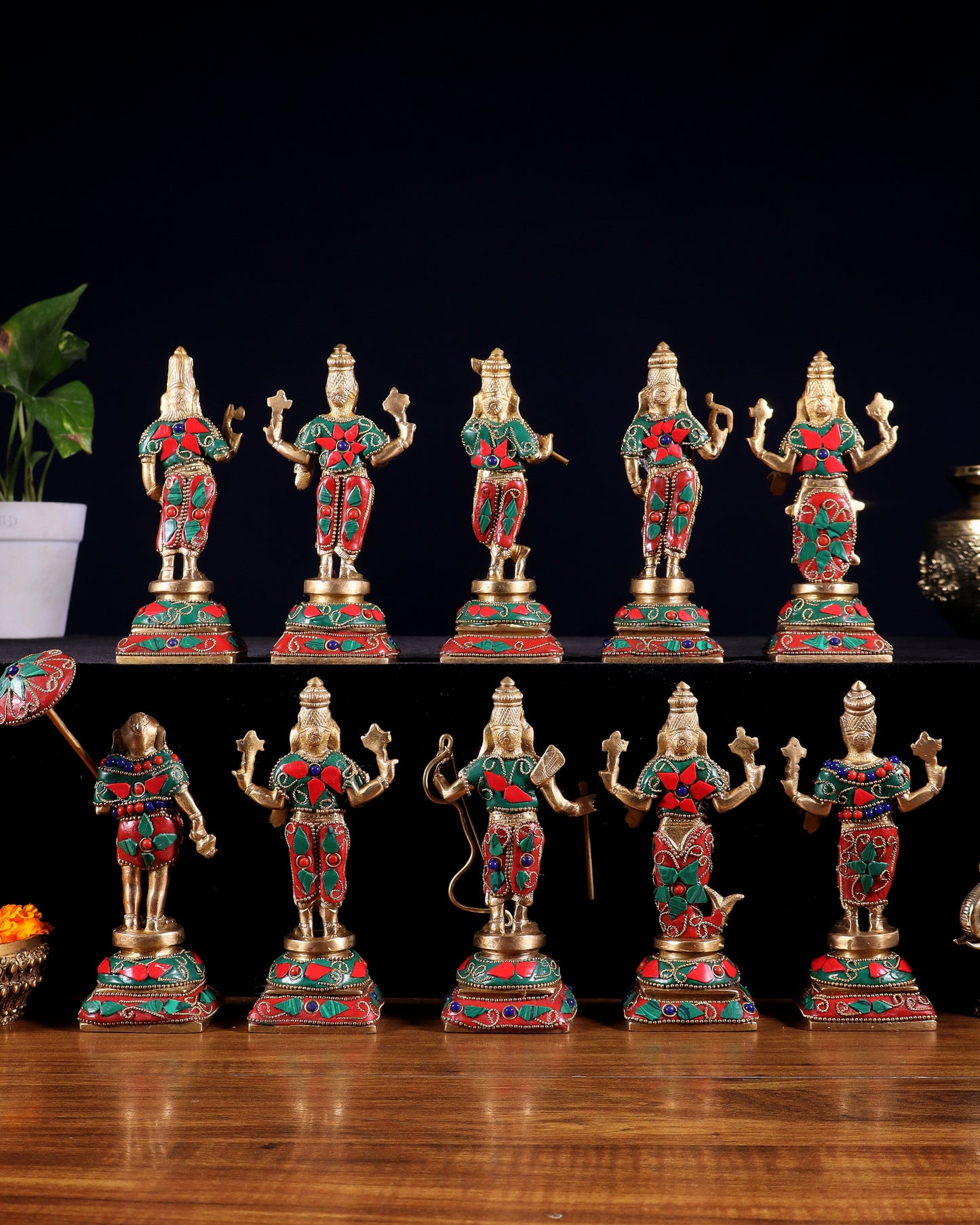 Pure Brass Vishnu Dashavatar Idol Set – Traditional, 6" stonework