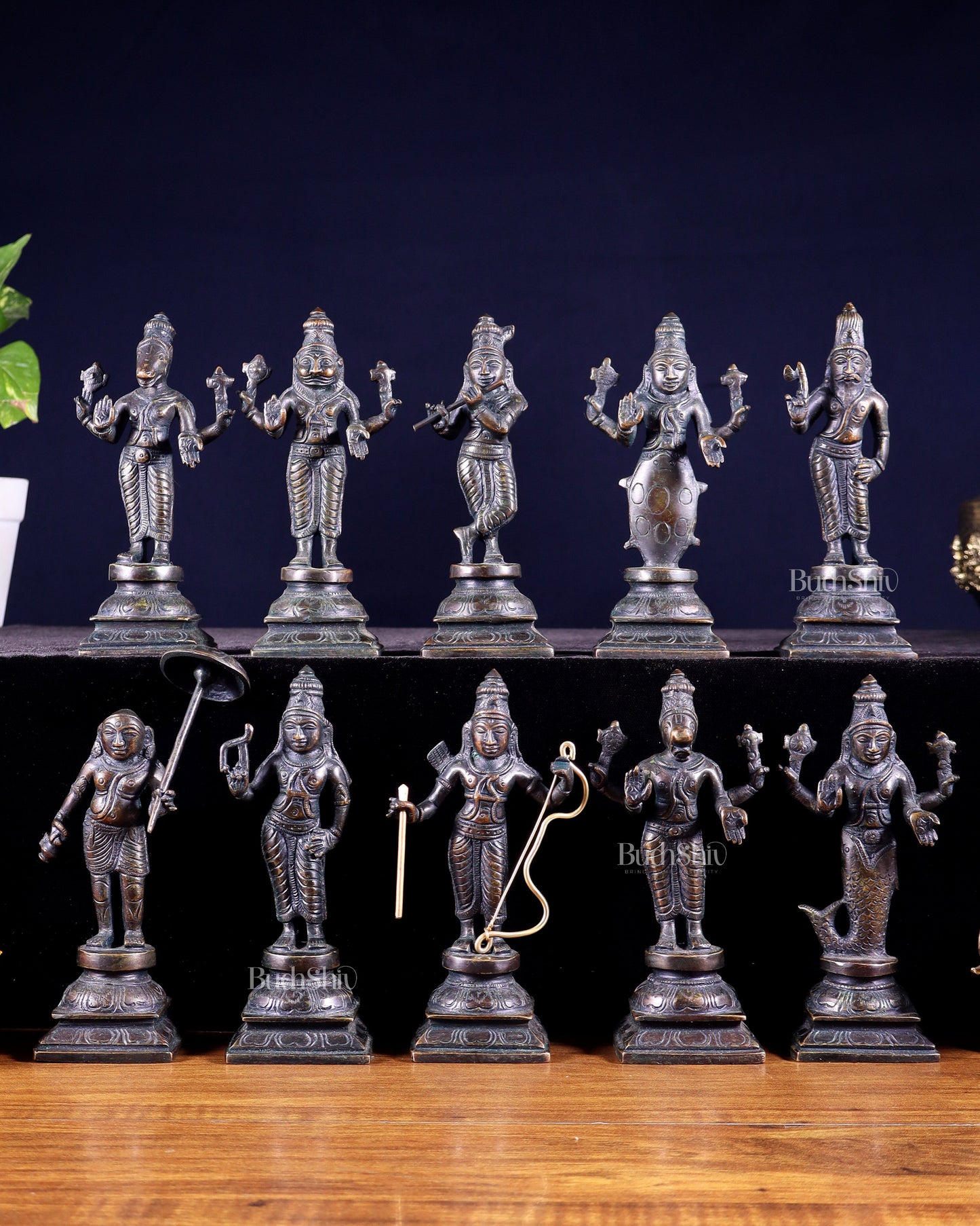 Pure Brass Vishnu Dashavatar Idol Set – Traditional, 6" vintage bronze tone