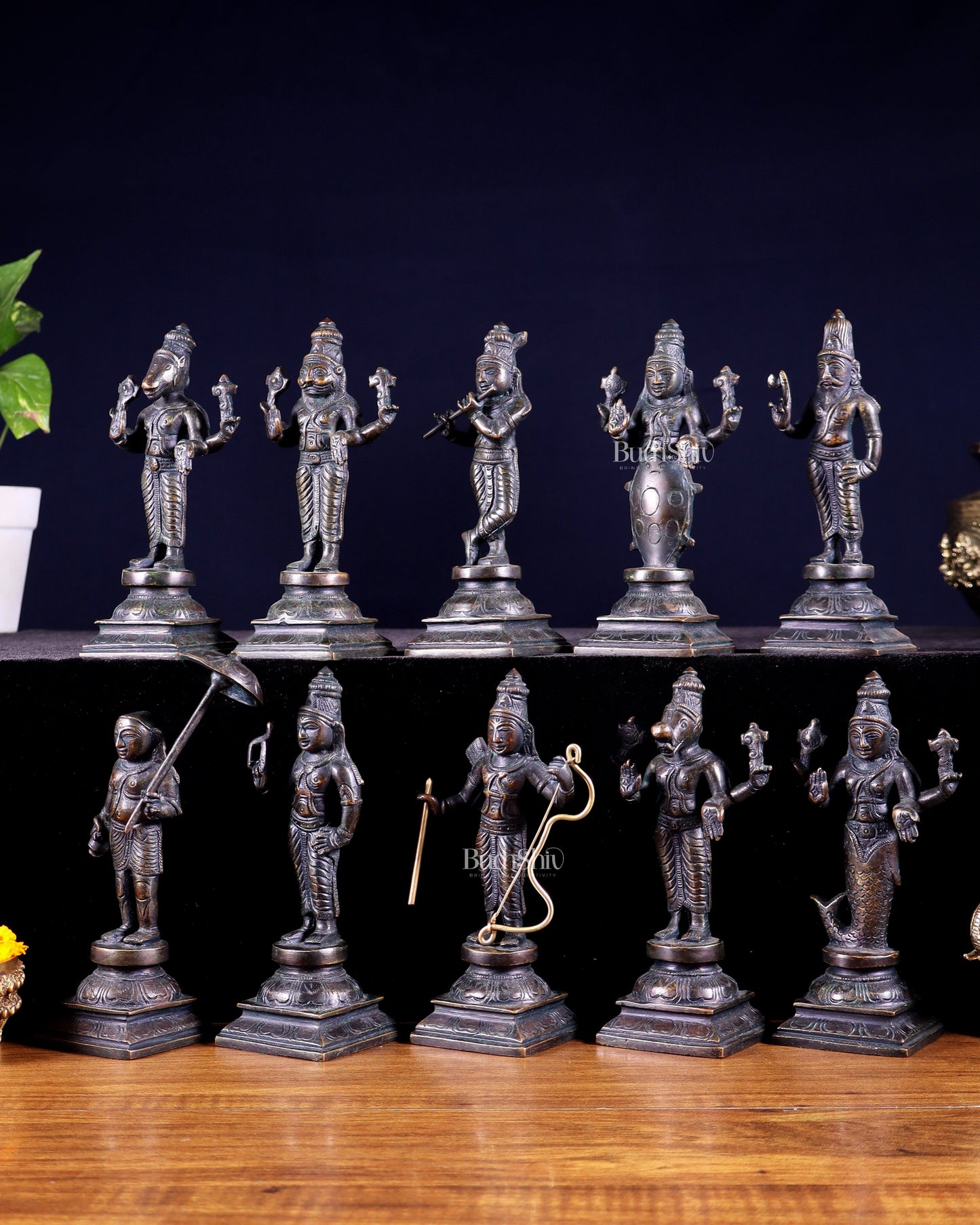 Pure Brass Vishnu Dashavatar Idol Set – Traditional, 6" vintage bronze tone