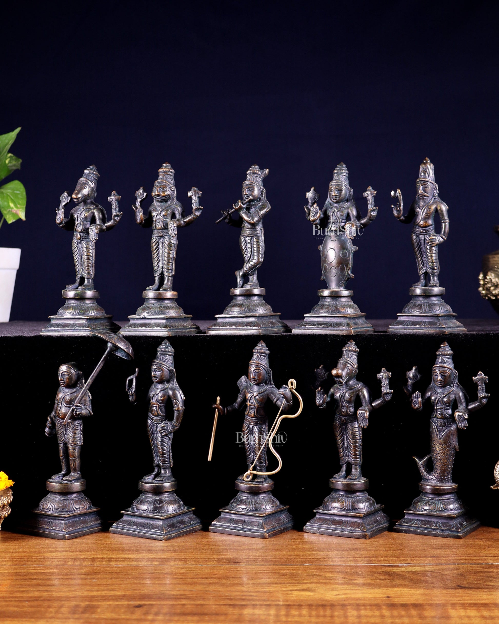 Pure Brass Vishnu Dashavatar Idol Set – Traditional, 6" vintage bronze tone