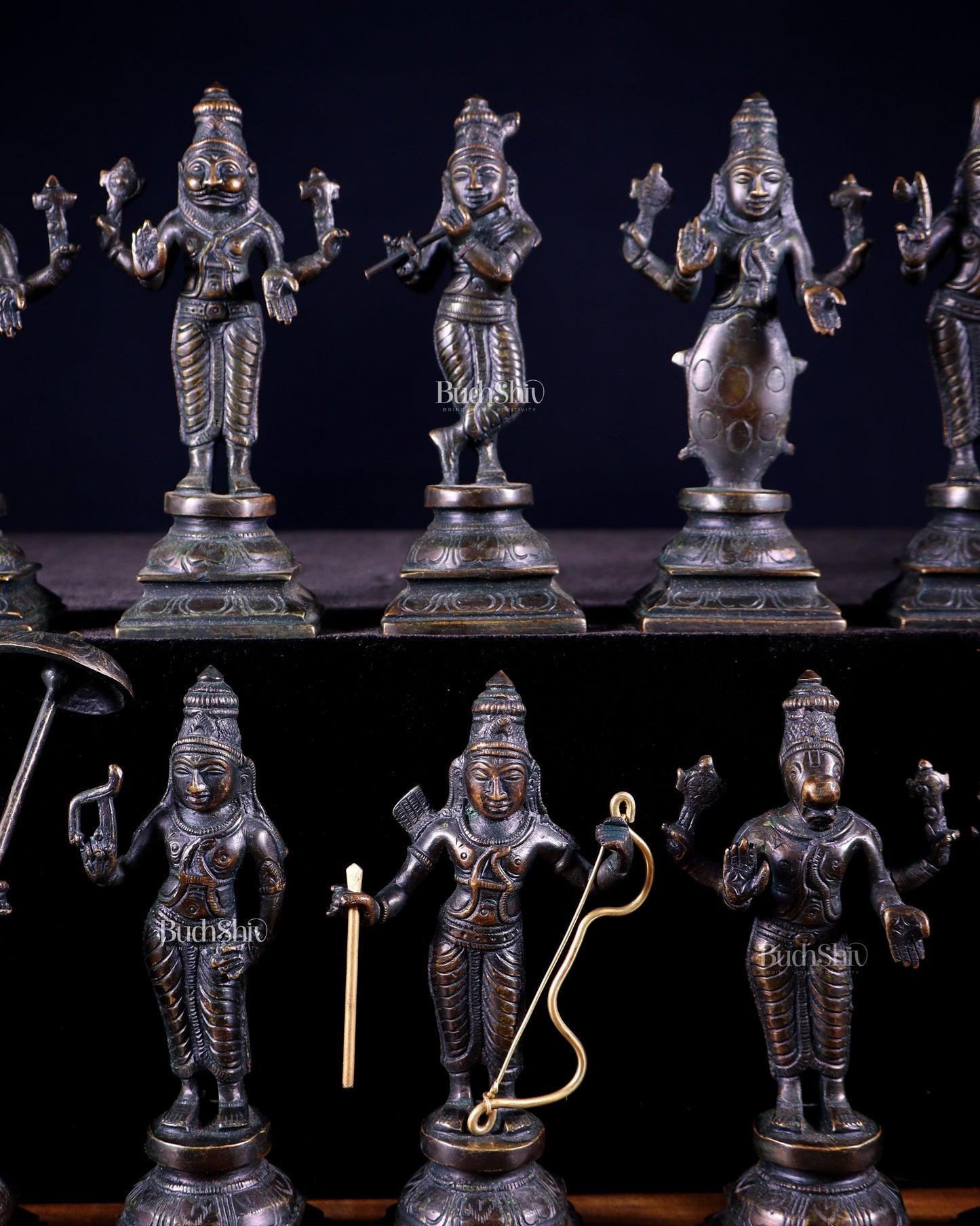 Pure Brass Vishnu Dashavatar Idol Set – Traditional, 6" vintage bronze tone