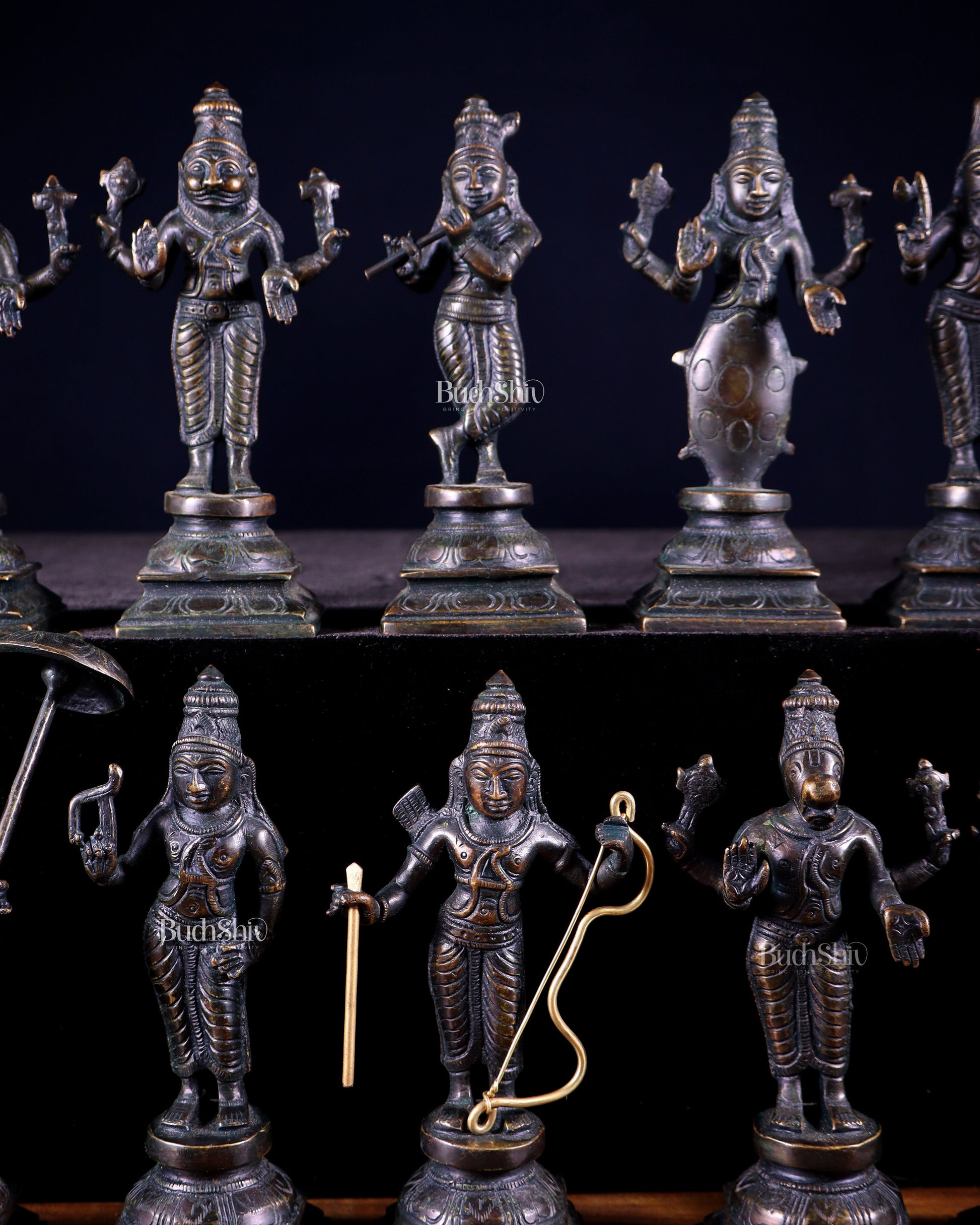 Pure Brass Vishnu Dashavatar Idol Set – Traditional, 6" vintage bronze tone
