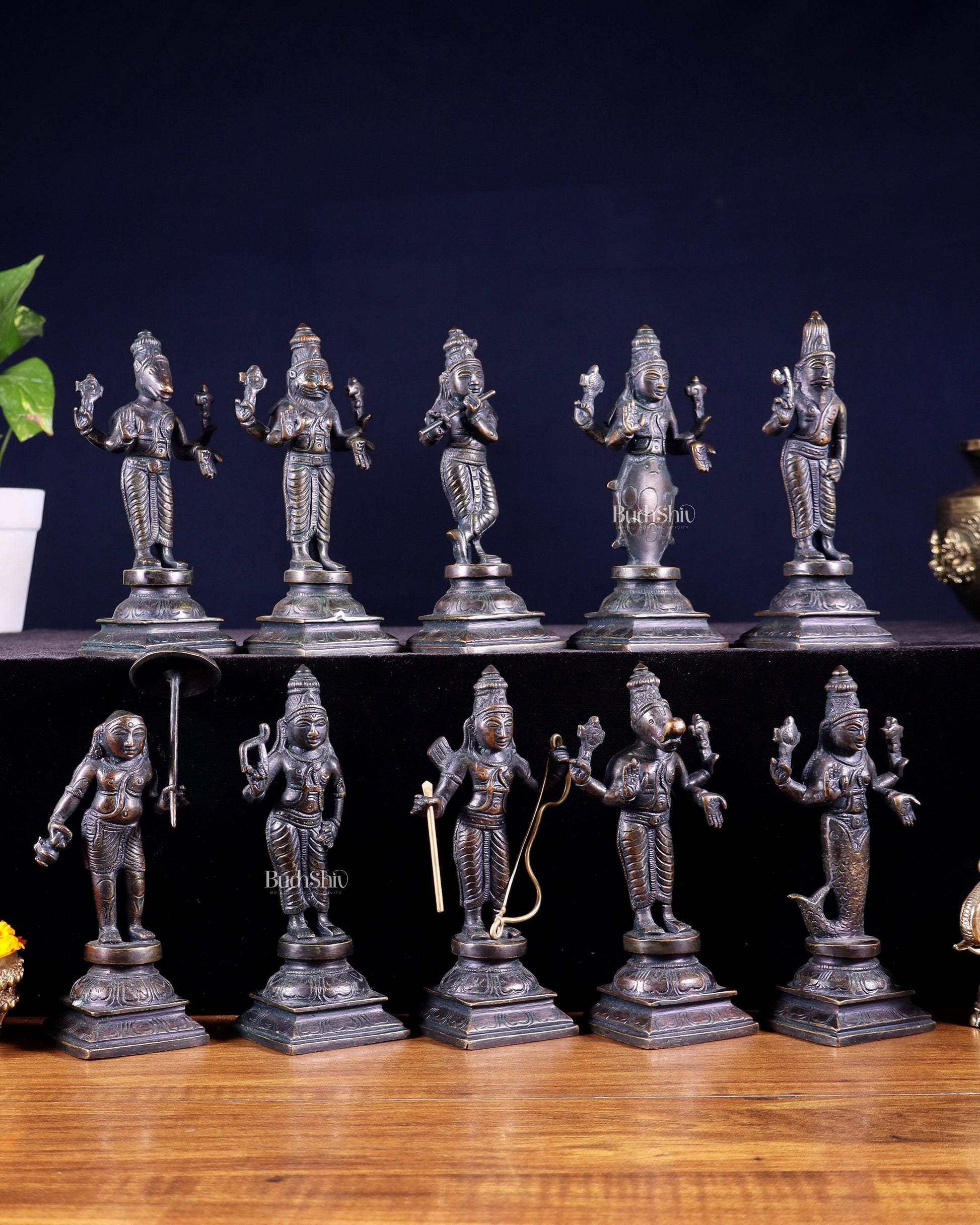 Pure Brass Vishnu Dashavatar Idol Set – Traditional, 6" vintage bronze tone
