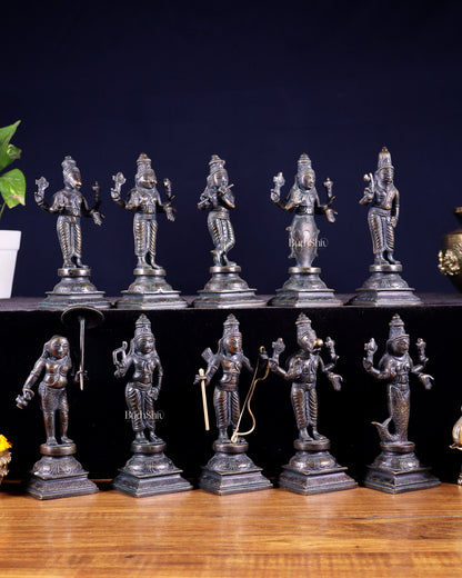 Pure Brass Vishnu Dashavatar Idol Set – Traditional, 6" vintage bronze tone