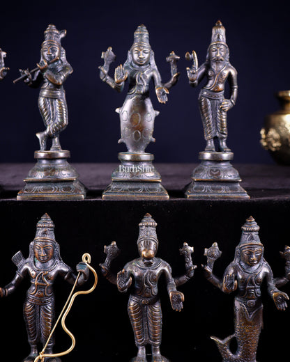Pure Brass Vishnu Dashavatar Idol Set – Traditional, 6" vintage bronze tone