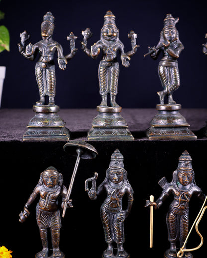 Pure Brass Vishnu Dashavatar Idol Set – Traditional, 6" vintage bronze tone