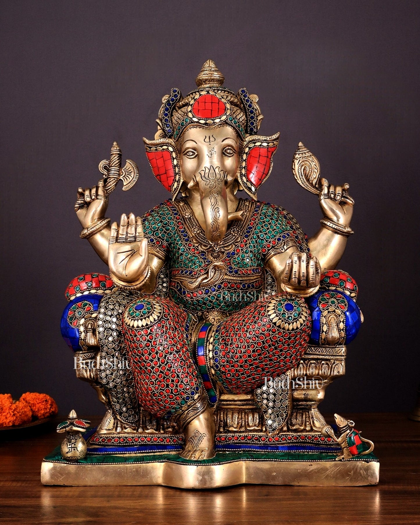Ganesha Pure Brass statue with stonework - 18"