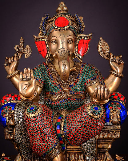 Ganesha Pure Brass statue with stonework - 18"