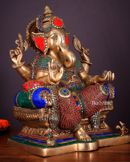 Ganesha Pure Brass statue with stonework - 18"