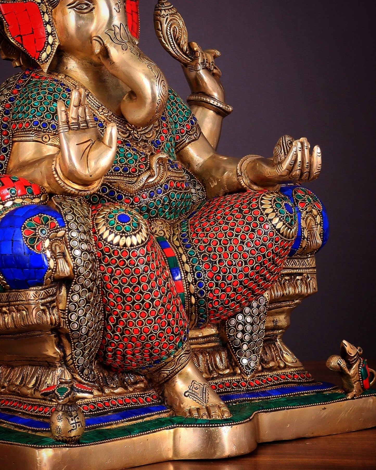 Ganesha Pure Brass statue with stonework - 18"