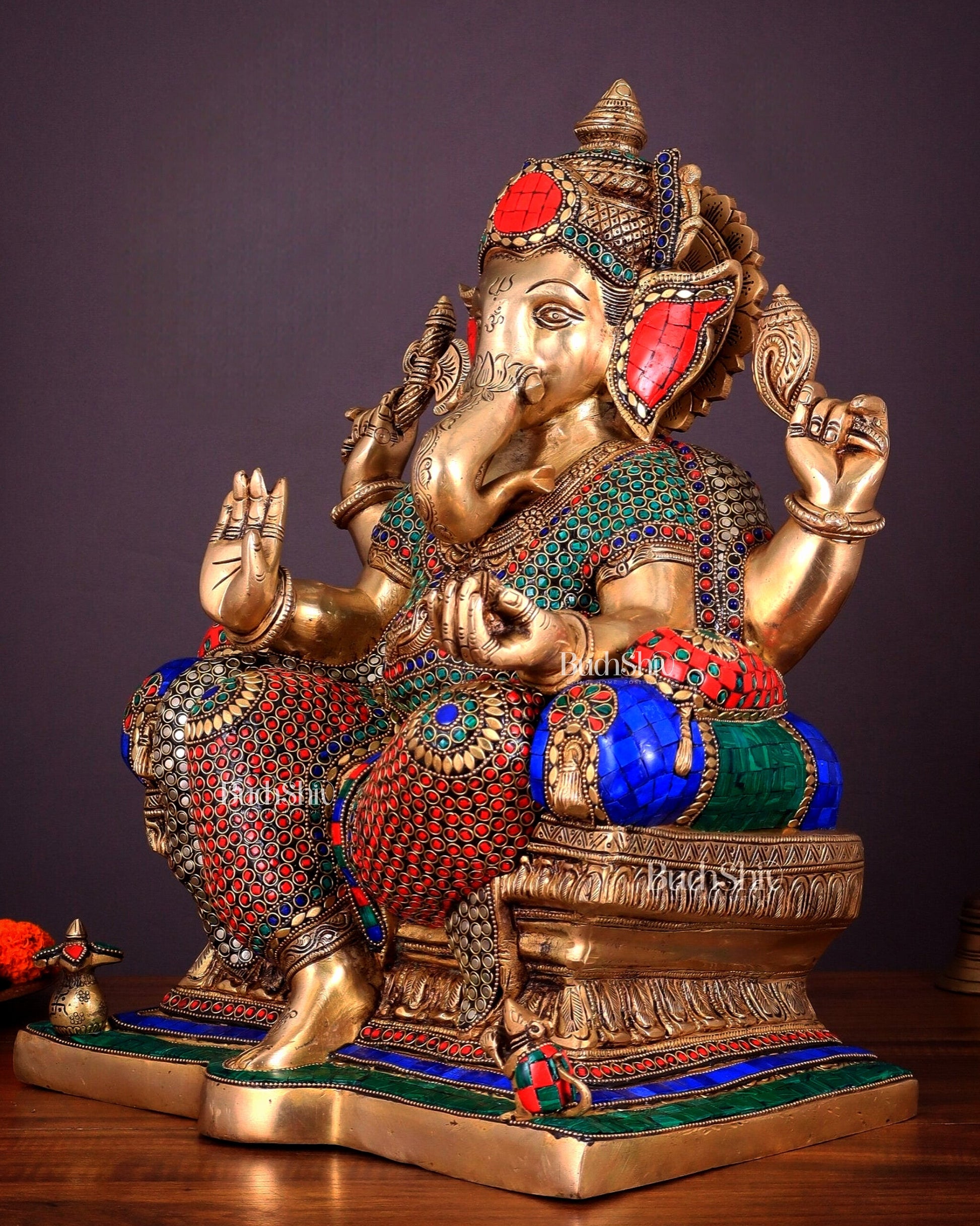 Ganesha Pure Brass statue with stonework - 18"