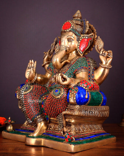 Ganesha Pure Brass statue with stonework - 18"