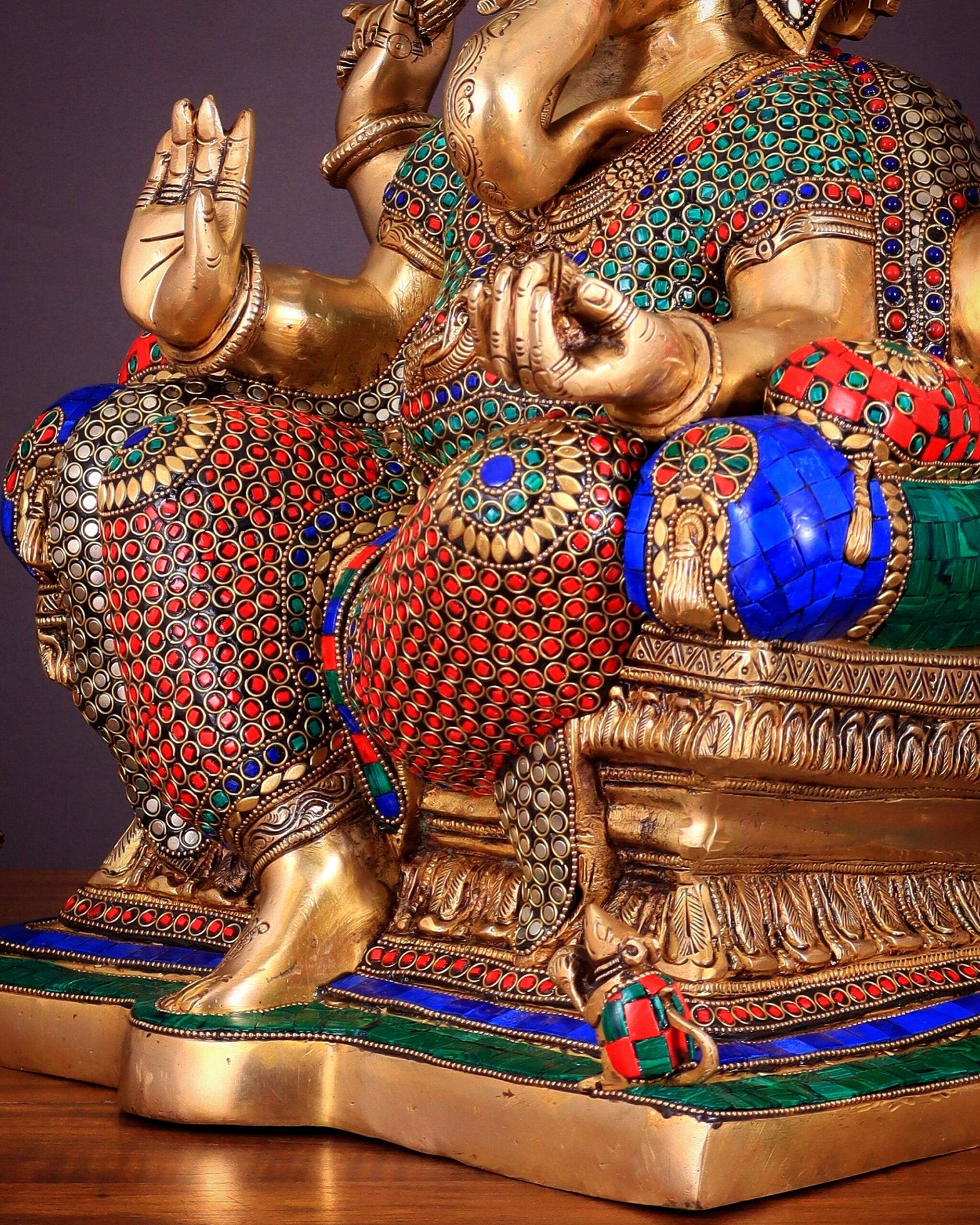 Ganesha Pure Brass statue with stonework - 18"