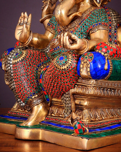 Ganesha Pure Brass statue with stonework - 18"