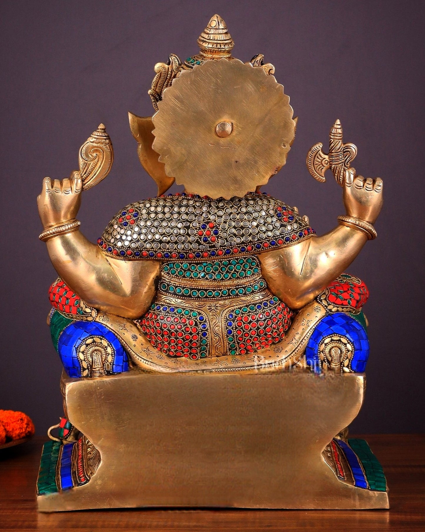 Ganesha Pure Brass statue with stonework - 18"