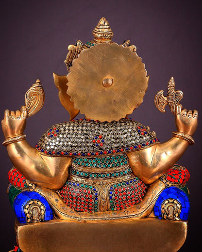Ganesha Pure Brass statue with stonework - 18"