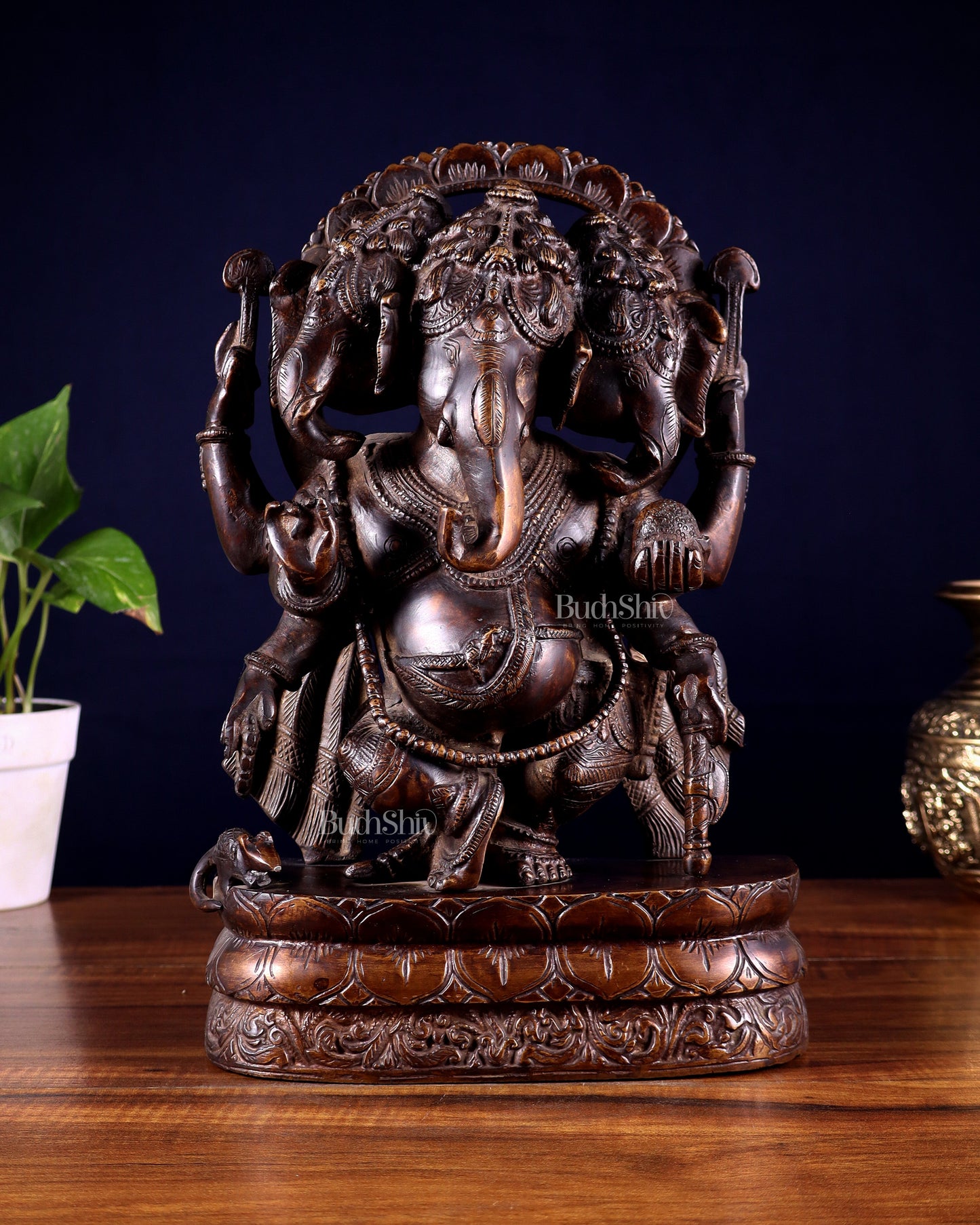 Vintage Brass Trimukha dancing Ganapati Sculpture | Three-Faced Lord Ganesha | 12"
