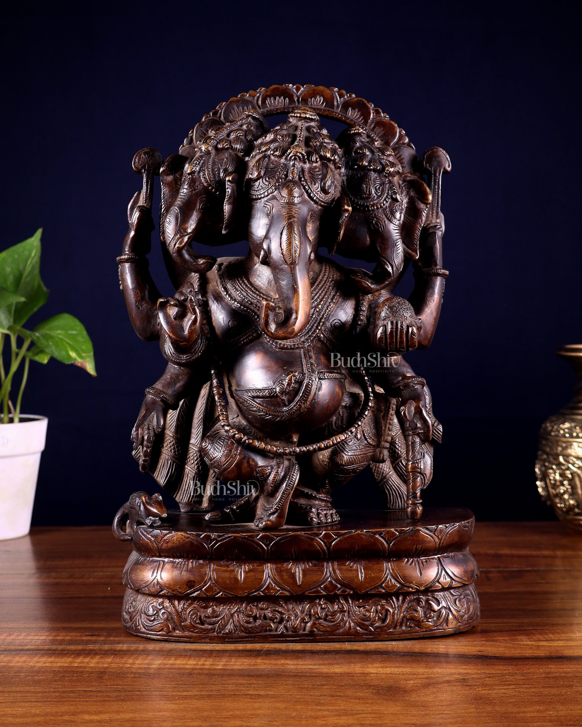 Vintage Brass Trimukha dancing Ganapati Sculpture | Three-Faced Lord Ganesha | 12"
