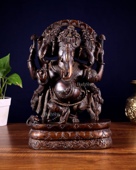 Vintage Brass Trimukha dancing Ganapati Sculpture | Three-Faced Lord Ganesha | 12"
