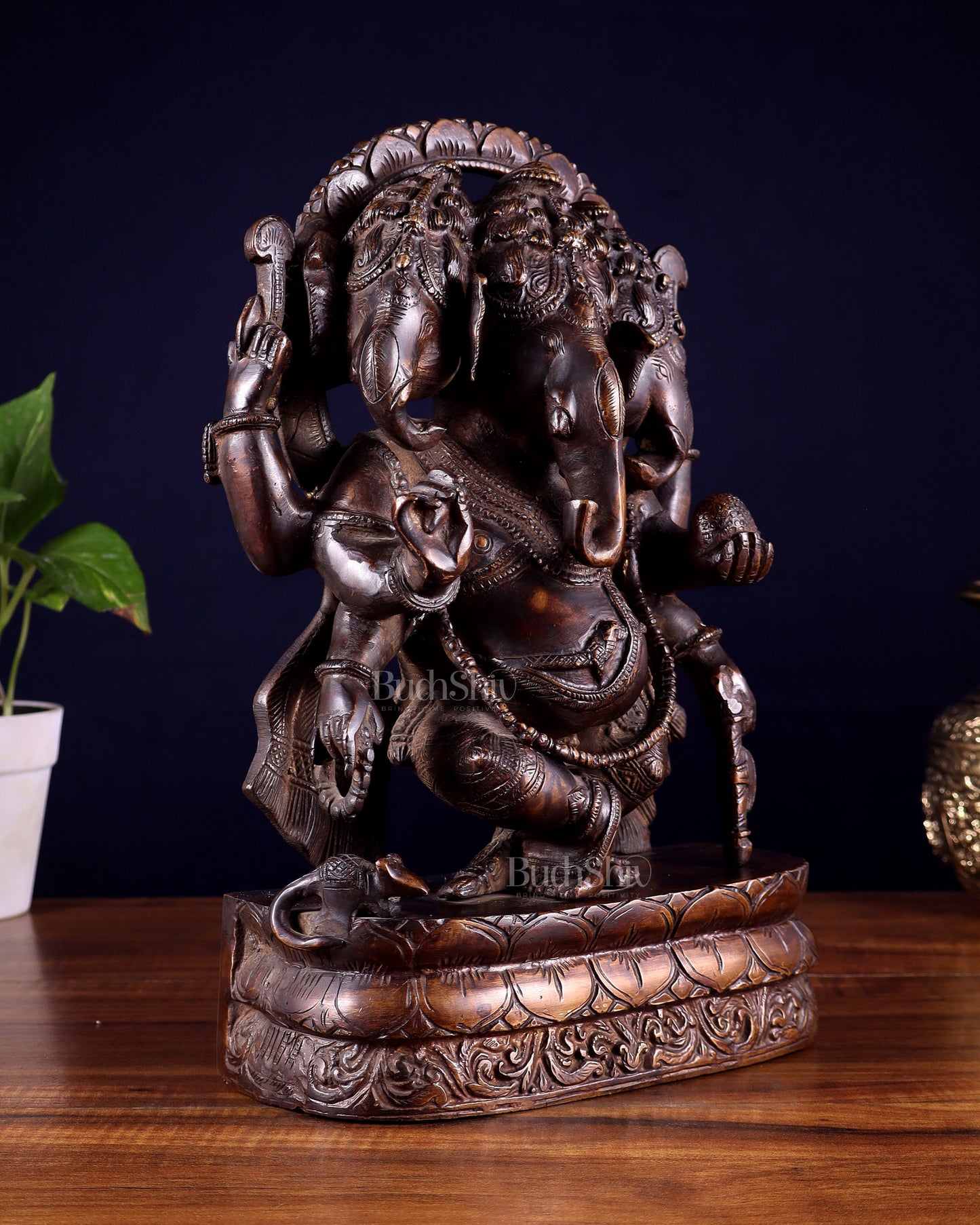 Vintage Brass Trimukha dancing Ganapati Sculpture | Three-Faced Lord Ganesha | 12"