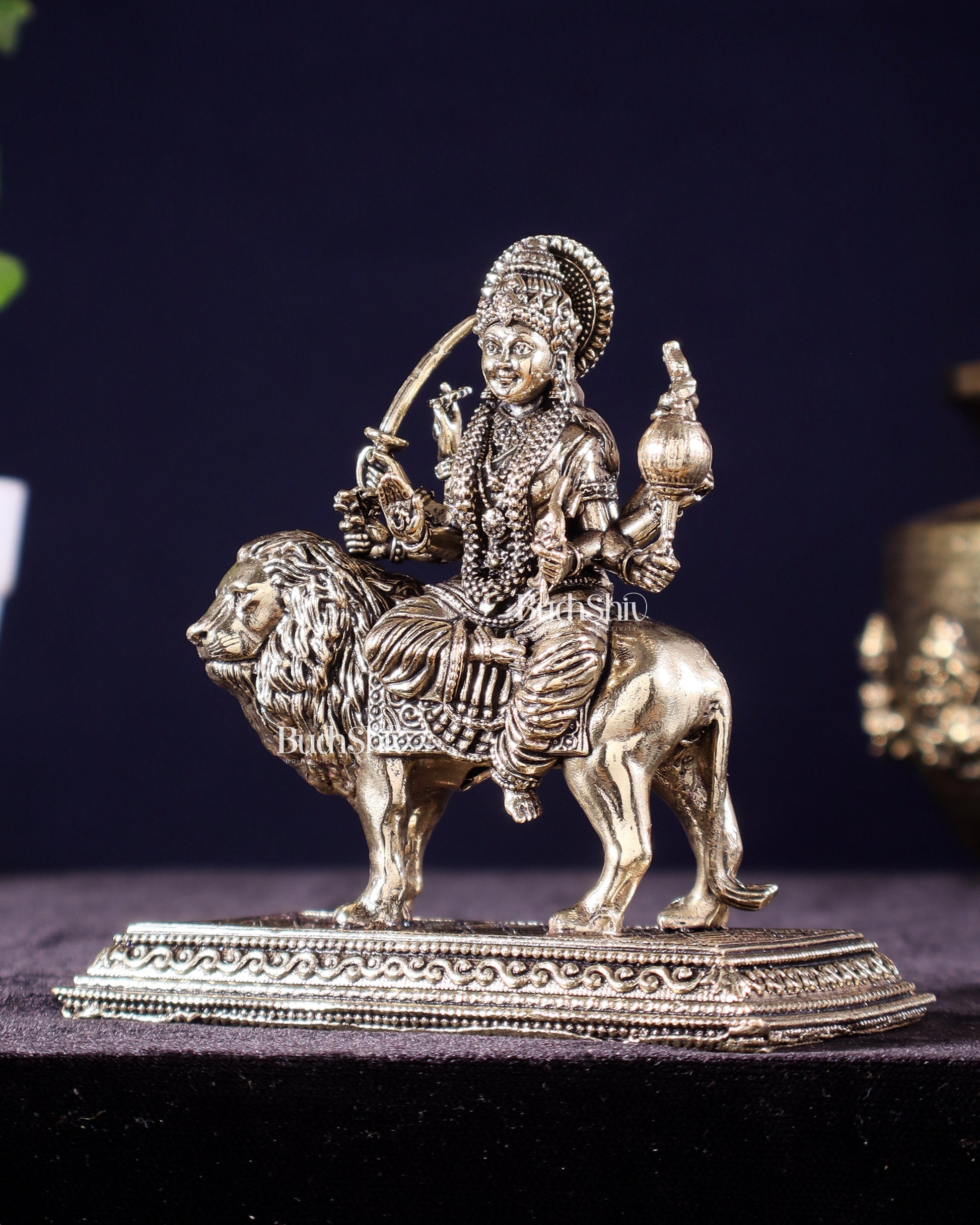 Brass Superfine Goddess Durga on Lion Idol – 5" Height, Intricate Work