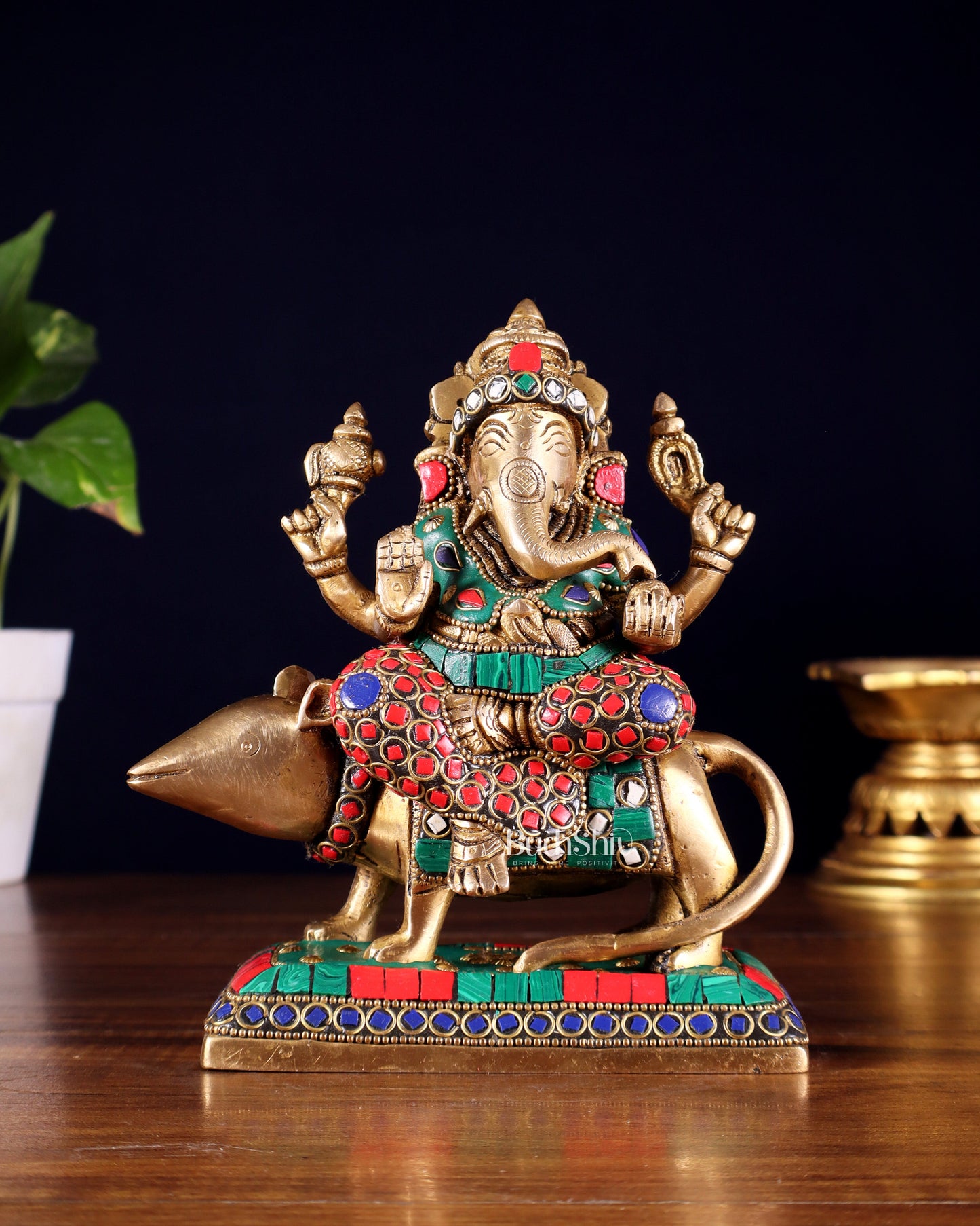 Brass Lord Ganesha Sitting on mooshak Idol | Height 7 inch