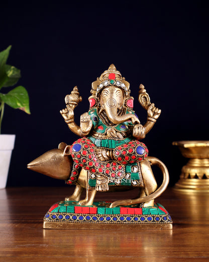 Brass Lord Ganesha Sitting on mooshak Idol | Height 7 inch