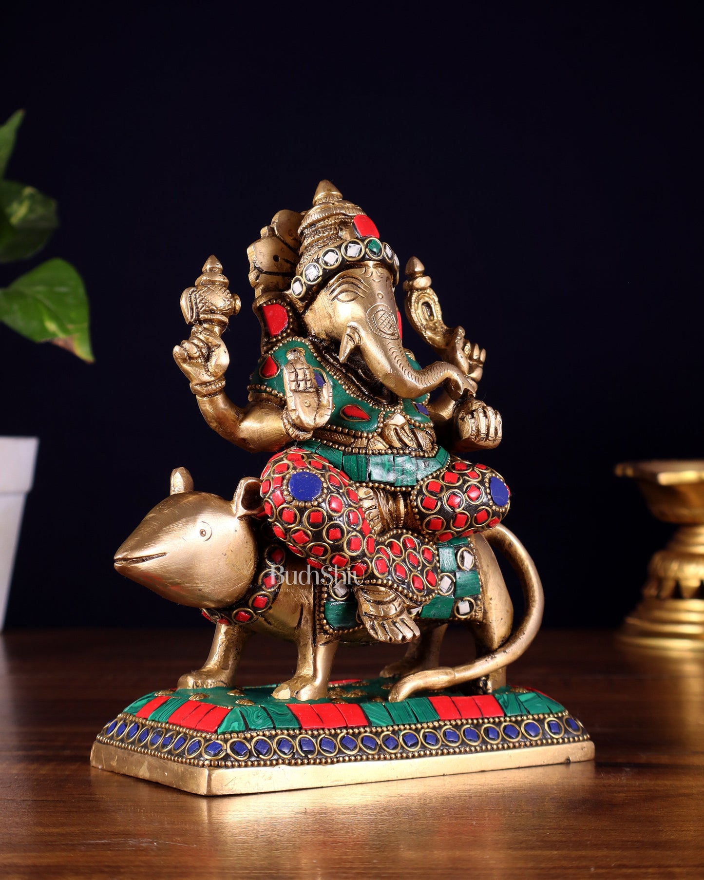 Brass Lord Ganesha Sitting on mooshak Idol | Height 7 inch