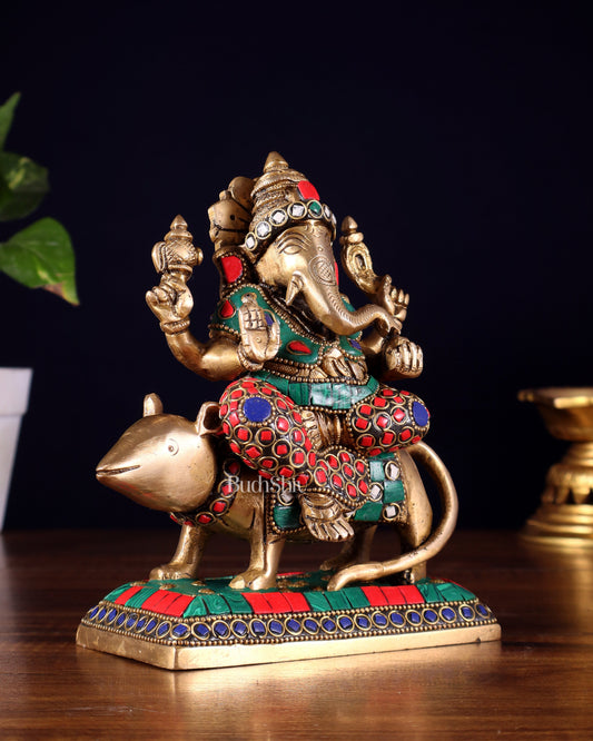 Brass Lord Ganesha Sitting on mooshak Idol | Height 7 inch