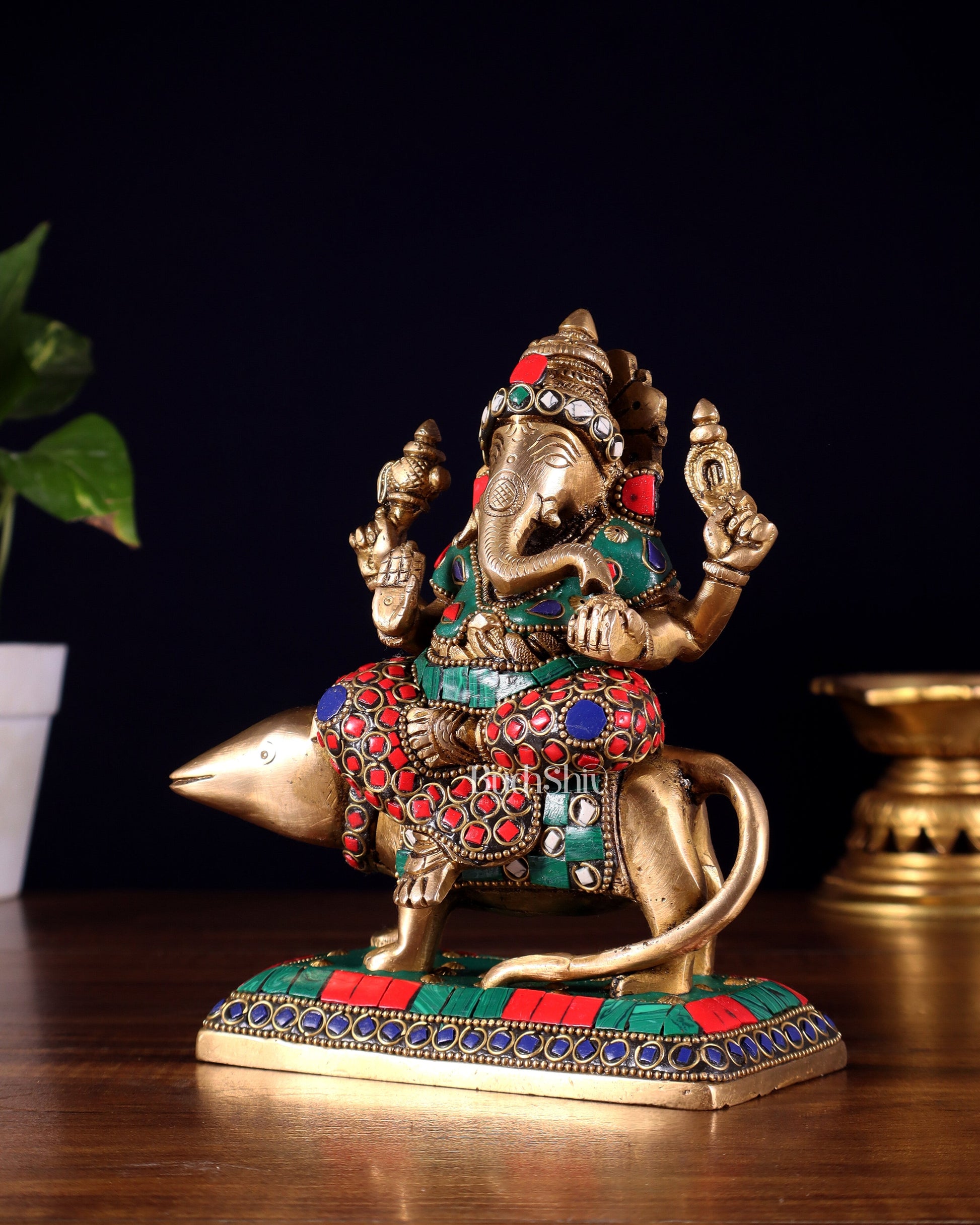 Brass Lord Ganesha Sitting on mooshak Idol | Height 7 inch