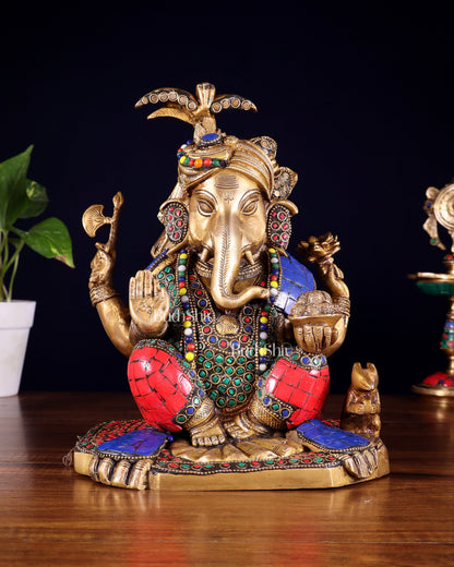 Brass Lord Ganesha Statue with Meenakari Stonework – 9.5"