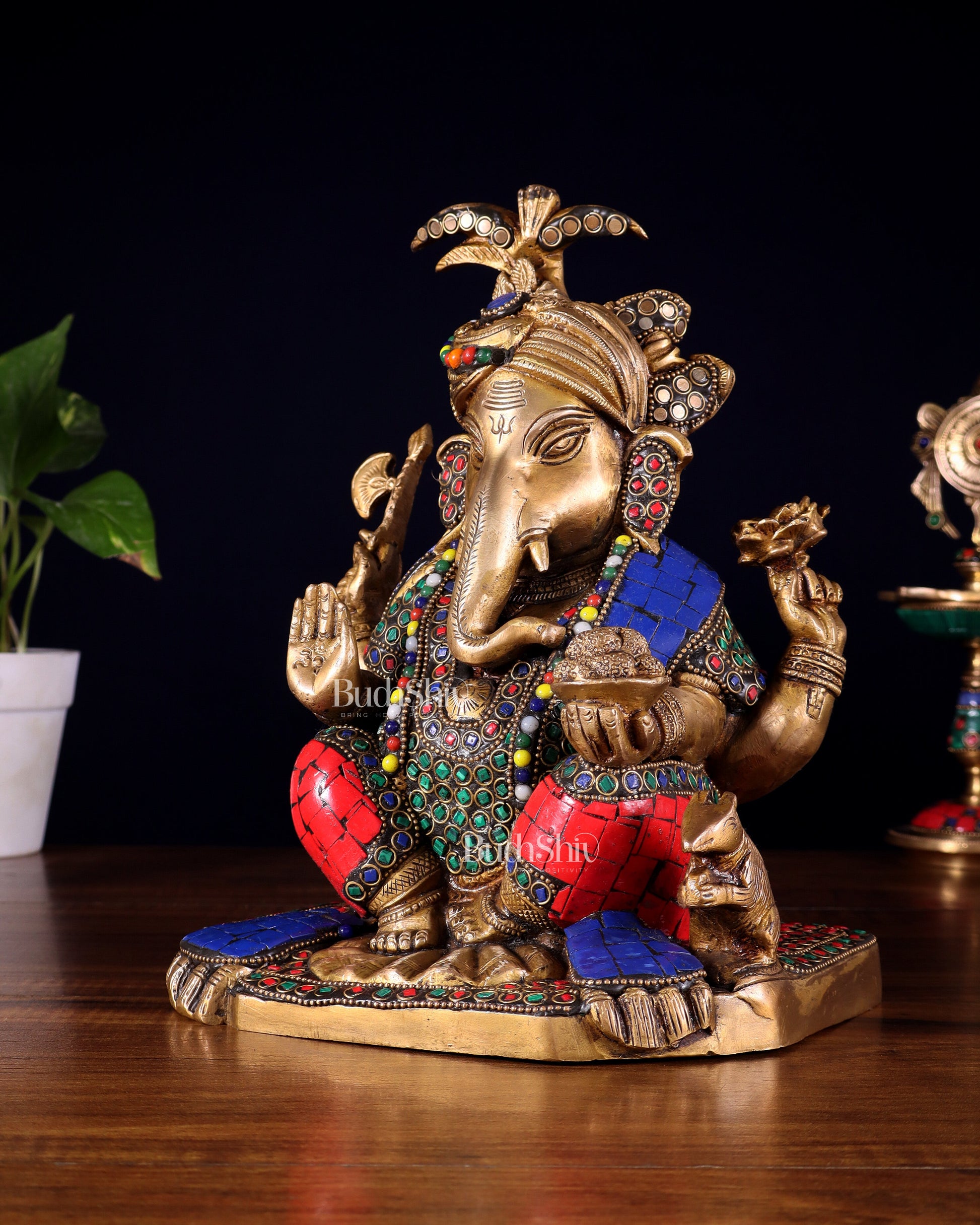 Brass Lord Ganesha Statue with Meenakari Stonework – 9.5"