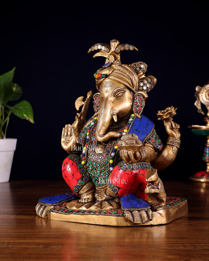 Brass Lord Ganesha Statue with Meenakari Stonework – 9.5"