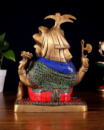 Brass Lord Ganesha Statue with Meenakari Stonework – 9.5"