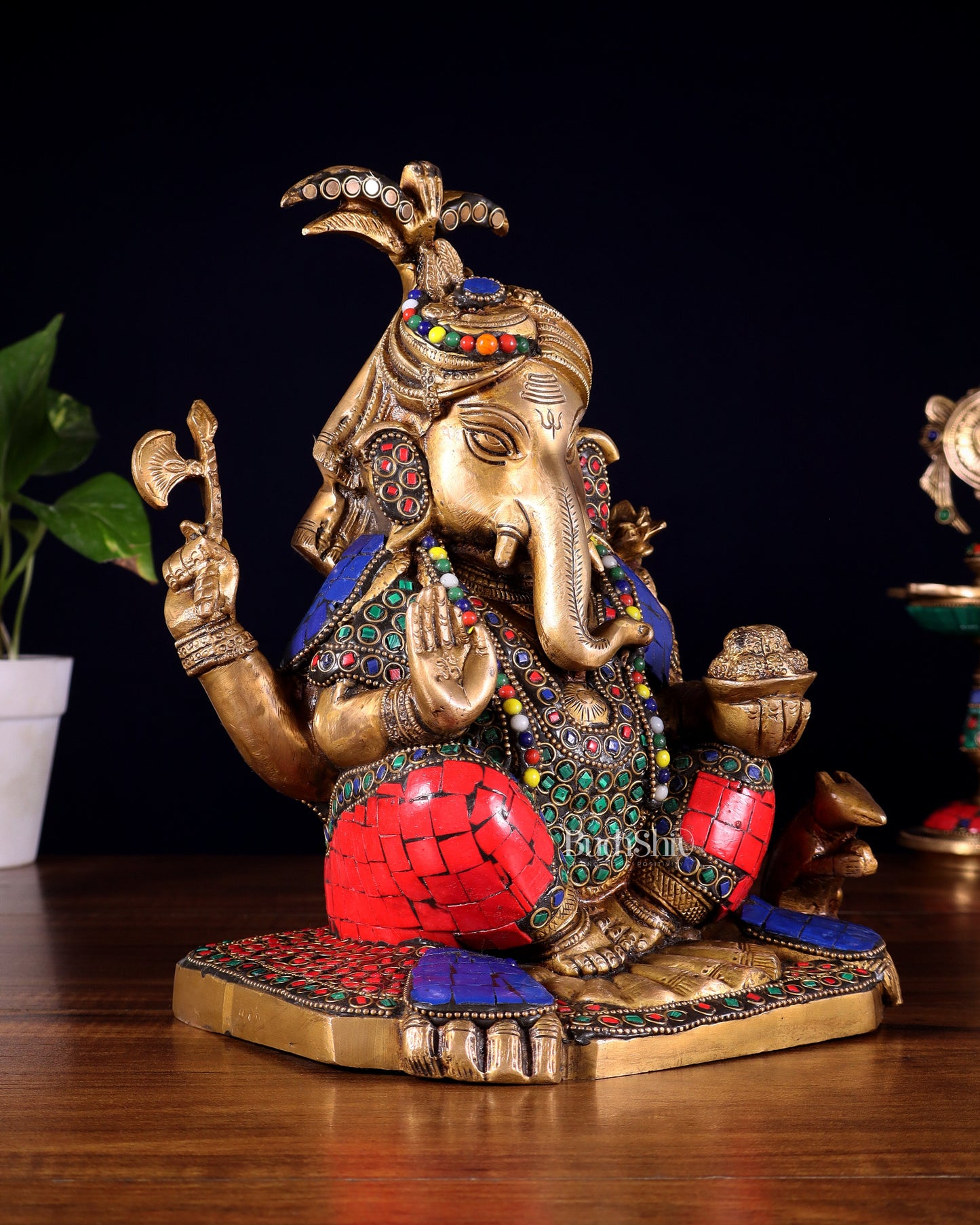 Brass Lord Ganesha Statue with Meenakari Stonework – 9.5"