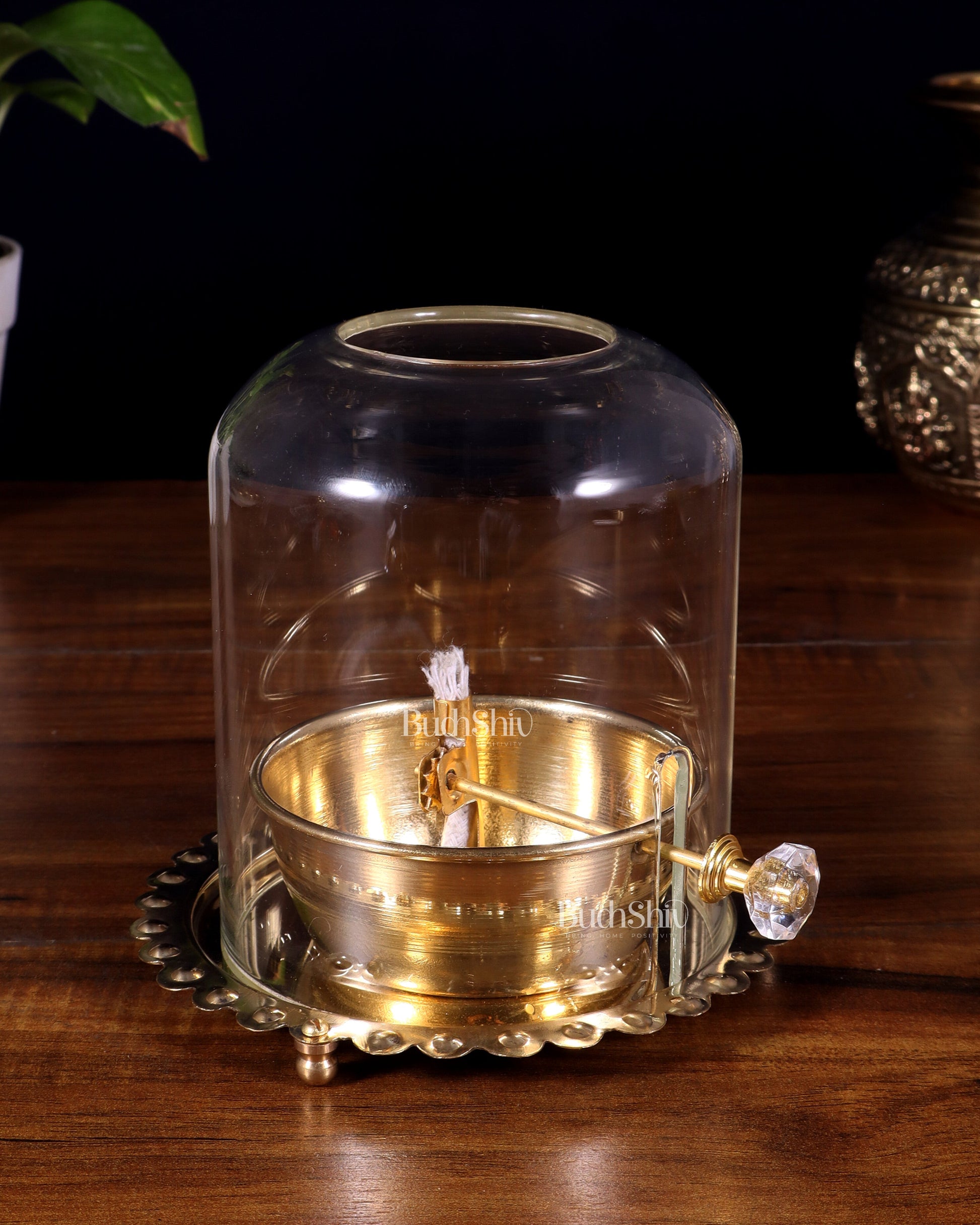 Pure Brass Akhand Diya with Glass Cover & Adjustable Baati