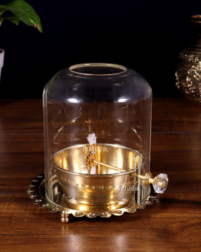Pure Brass Akhand Diya with Glass Cover & Adjustable Baati