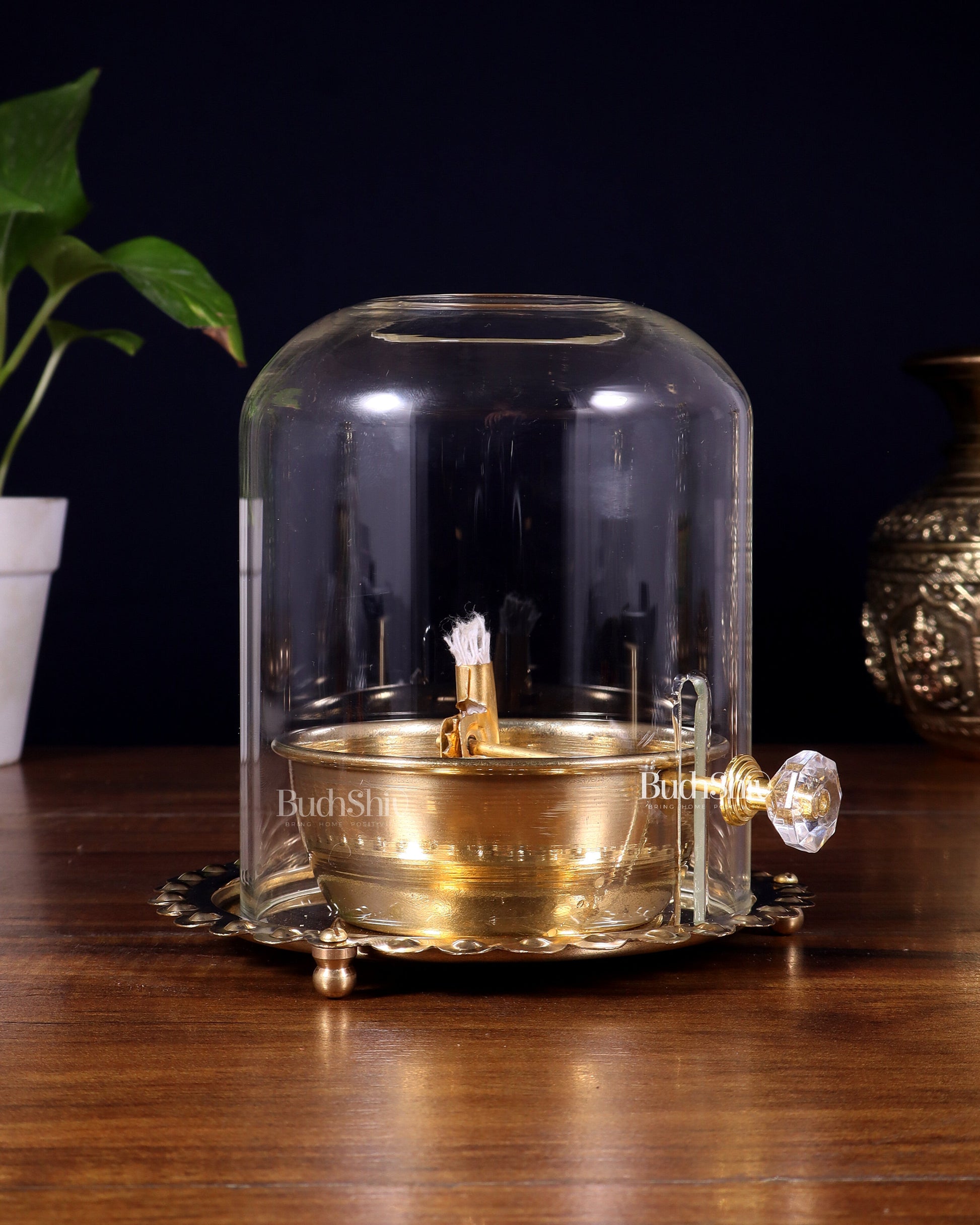 Pure Brass Akhand Diya with Glass Cover & Adjustable Baati
